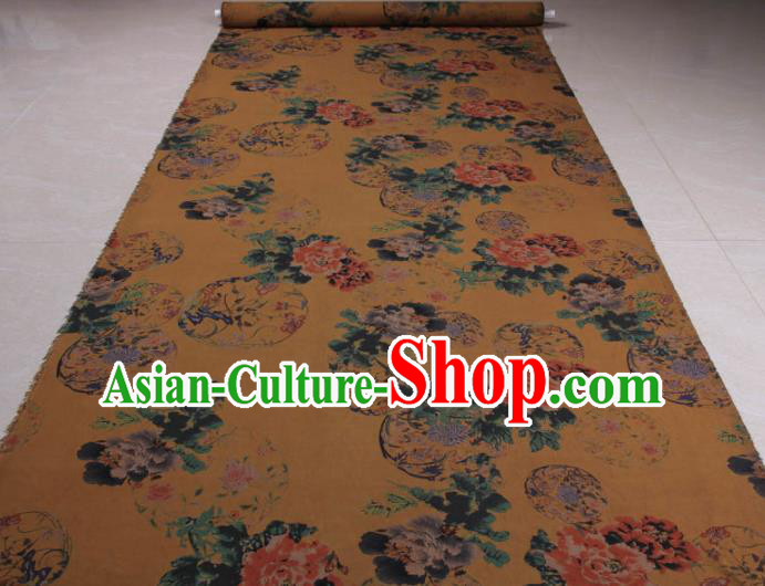 Traditional Chinese Classical Flowers Pattern Yellow Gambiered Guangdong Gauze Silk Fabric Ancient Hanfu Dress Silk Cloth