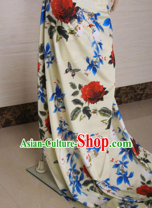 Traditional Chinese Classical Roses Pattern Beige Gambiered Guangdong Gauze Silk Fabric Ancient Hanfu Dress Silk Cloth