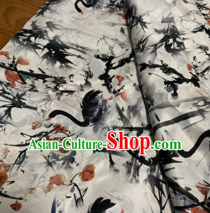 Chinese Classical Ink Painting Swan Pattern White Silk Fabric Traditional Ancient Hanfu Dress Brocade Cloth