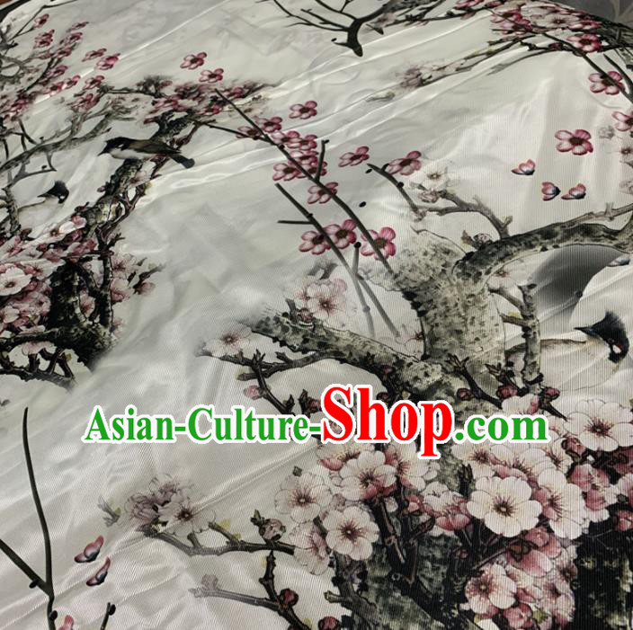 Chinese Classical Ink Painting Plum Pattern White Silk Fabric Traditional Ancient Hanfu Dress Brocade Cloth