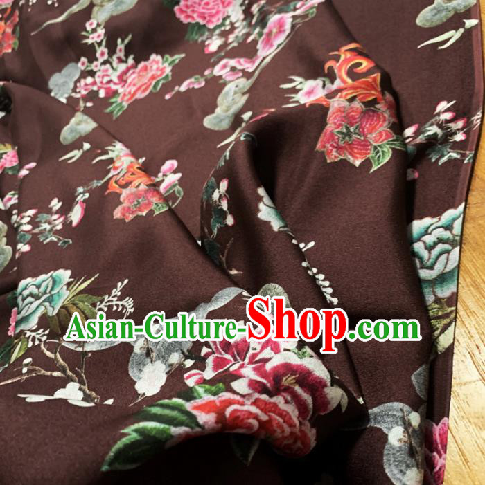 Chinese Classical Peony Pattern Deep Brown Silk Fabric Traditional Ancient Hanfu Dress Brocade Cloth