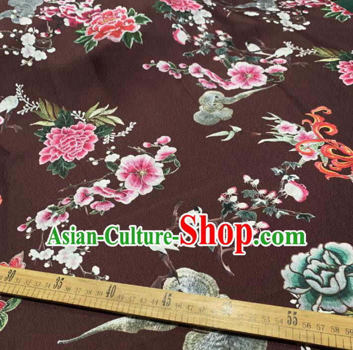 Chinese Classical Peony Pattern Deep Brown Silk Fabric Traditional Ancient Hanfu Dress Brocade Cloth