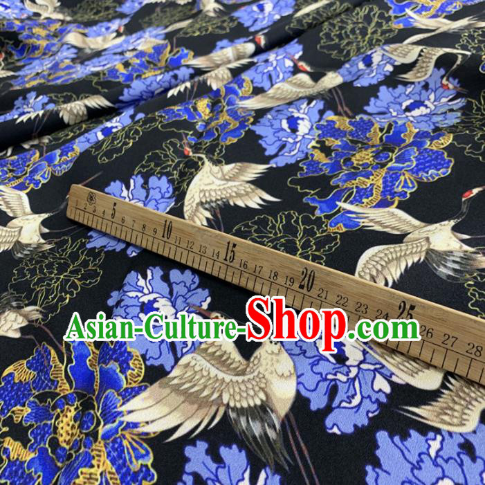 Chinese Classical Peony Cranes Pattern Black Silk Fabric Traditional Ancient Hanfu Dress Brocade Cloth