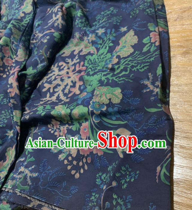 Chinese Classical Pattern Navy Silk Fabric Traditional Ancient Hanfu Dress Brocade Cloth