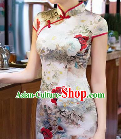 Traditional Chinese Classical Peony Pattern White Silk Fabric Ancient Hanfu Dress Brocade Cloth