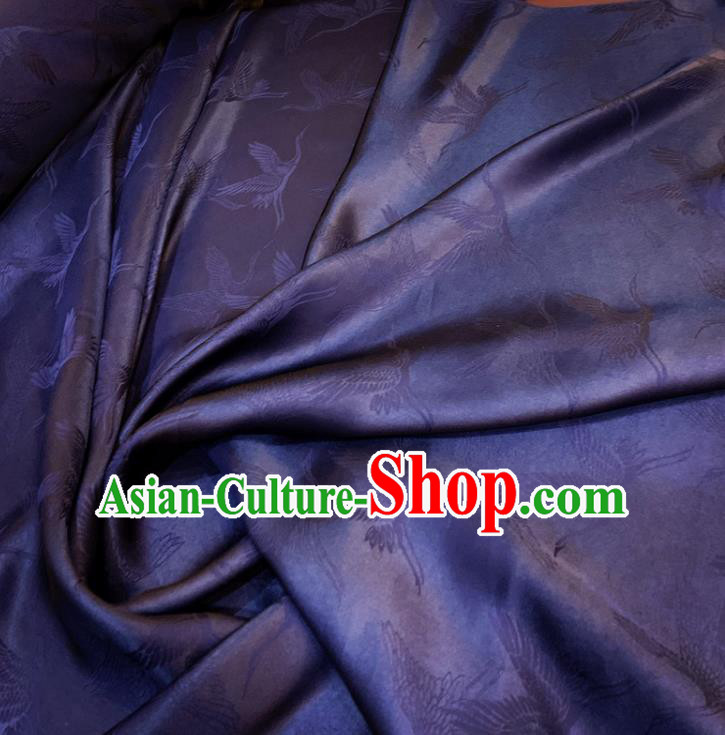 Chinese Classical Cranes Pattern Navy Blue Silk Fabric Traditional Ancient Hanfu Dress Brocade Cloth
