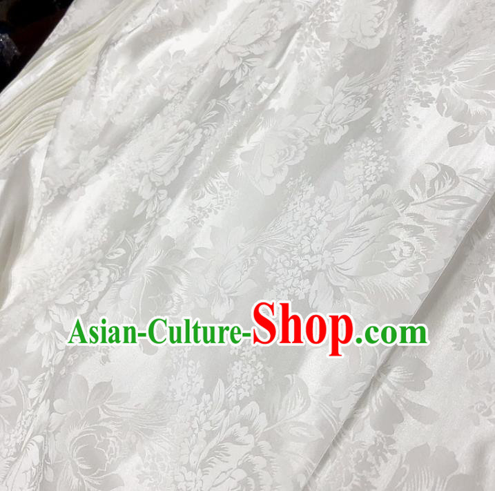 Chinese Classical Peony Pattern White Silk Fabric Traditional Ancient Hanfu Dress Brocade Cloth