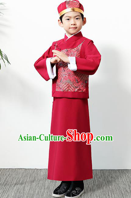 Chinese Traditional Qing Dynasty Boys Red Clothing Ancient Manchu Prince Costume for Kids