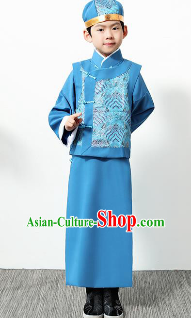 Chinese Traditional Qing Dynasty Boys Blue Clothing Ancient Manchu Prince Costume for Kids