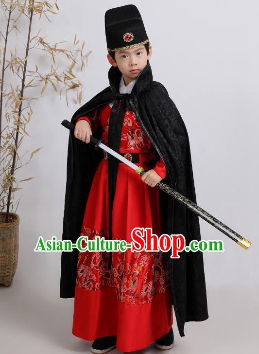 Chinese Traditional Ming Dynasty Imperial Guards Red Hanfu Clothing Ancient Boys Swordsman Costume for Kids