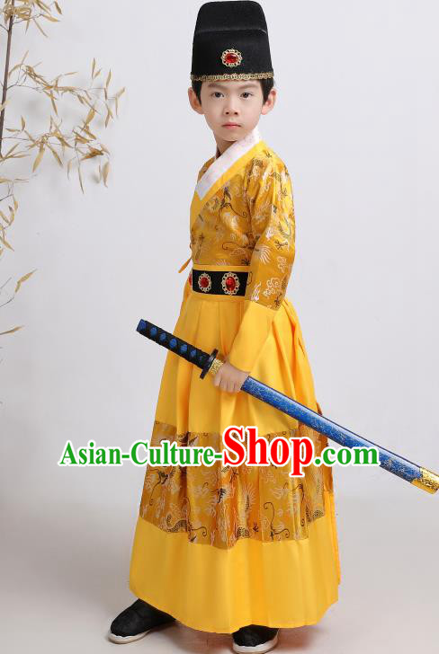 Chinese Traditional Ming Dynasty Imperial Guards Yellow Hanfu Clothing Ancient Boys Swordsman Costume for Kids