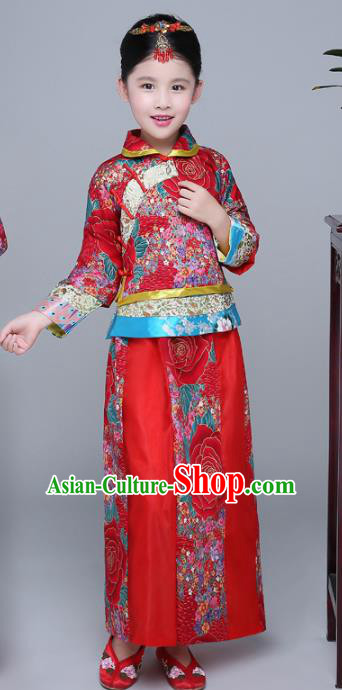 Chinese Traditional Qing Dynasty Girls Wedding Dress Ancient Court Princess Costume for Kids