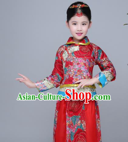 Chinese Traditional Qing Dynasty Girls Wedding Dress Ancient Court Princess Costume for Kids