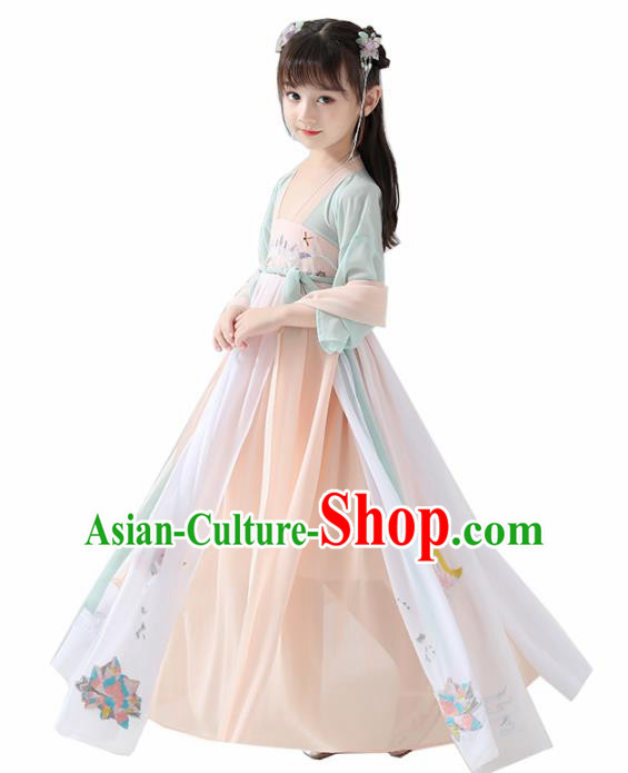 Chinese Traditional Tang Dynasty Girls Champagne Hanfu Dress Ancient Princess Costume for Kids