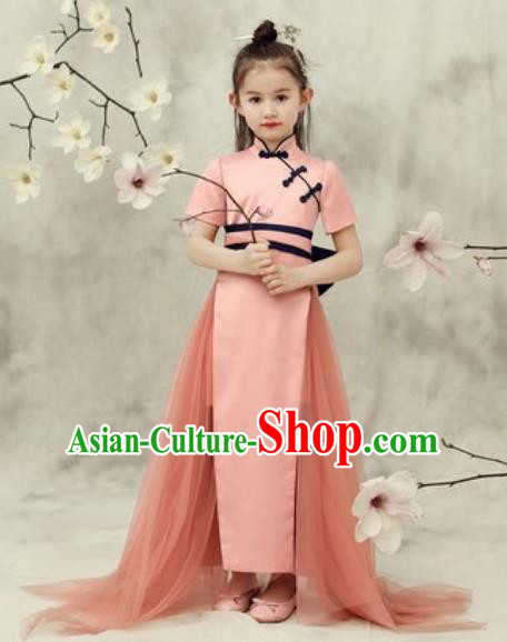 Chinese New Year Performance Pink Veil Qipao Dress National Kindergarten Girls Dance Stage Show Costume for Kids