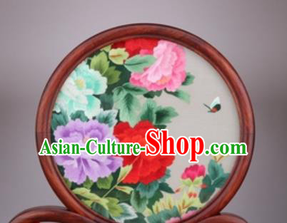Chinese Traditional Suzhou Embroidery Peony Flowers Desk Folding Screen Embroidered Rosewood Decoration Embroidering Craft