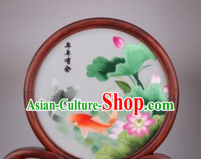 Chinese Traditional Suzhou Embroidery Carp Lotus Desk Folding Screen Embroidered Rosewood Decoration Embroidering Craft
