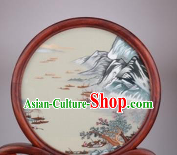 Chinese Traditional Suzhou Embroidery Ships Desk Folding Screen Embroidered Rosewood Decoration Embroidering Craft