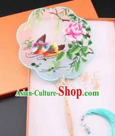 Chinese Traditional Suzhou Embroidery Mandarin Duck Peony Palace Fans Embroidered Fans Embroidering Craft