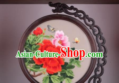 Chinese Traditional Suzhou Embroidery Peony Table Folding Screen Embroidered Rosewood Decoration Embroidering Craft