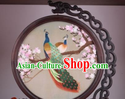 Chinese Traditional Suzhou Embroidery Plum Peacock Table Folding Screen Embroidered Rosewood Decoration Embroidering Craft