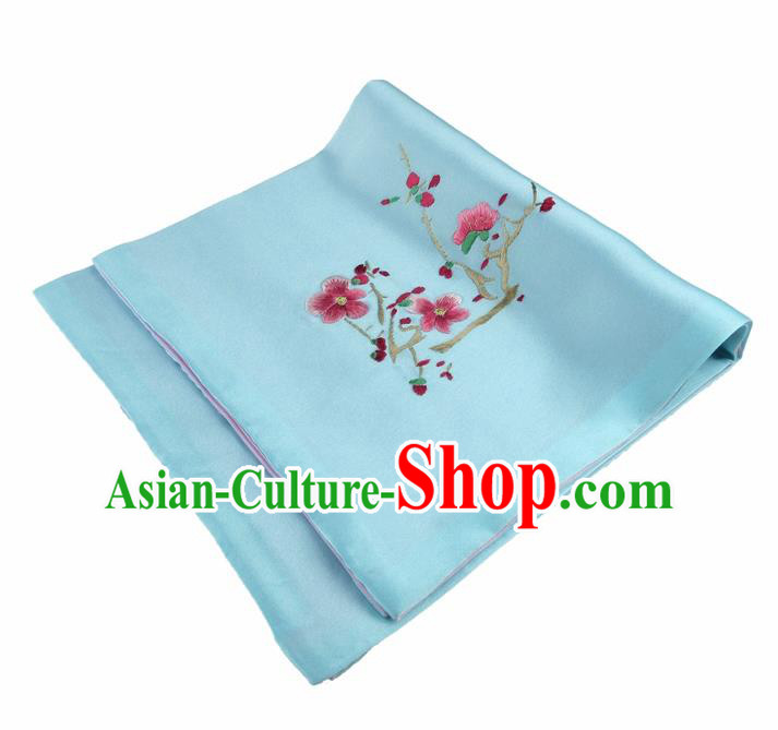 Chinese Traditional Handmade Embroidery Plum Blue Silk Handkerchief Embroidered Hanky Suzhou Embroidery Noserag Craft