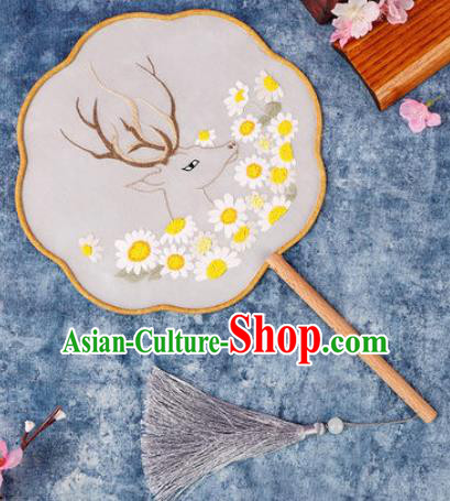 Chinese Traditional Handmade Embroidery Deer Sunflowers Round Fan Embroidered Palace Fans