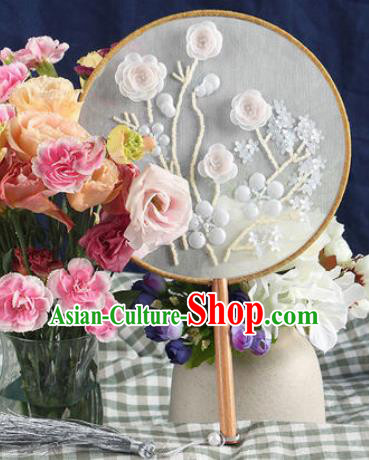 Chinese Traditional Handmade Embroidery White Camellia Round Fan Embroidered Palace Fans