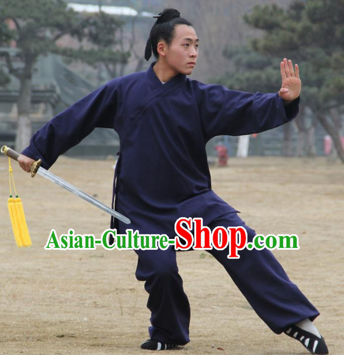 Chinese Traditional Martial Arts Navy Outfits Kung Fu Taoist Priest Tai Chi Costume for Men