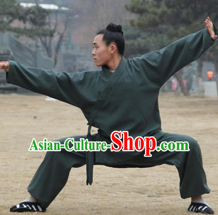 Chinese Traditional Martial Arts Deep Green Outfits Kung Fu Taoist Priest Tai Chi Costume for Men