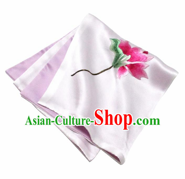 Chinese Traditional Handmade Embroidery Magnolia White Silk Handkerchief Embroidered Hanky Suzhou Embroidery Noserag Craft