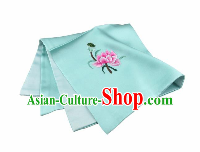 Chinese Traditional Handmade Embroidery Lotus Green Silk Handkerchief Embroidered Hanky Suzhou Embroidery Noserag Craft