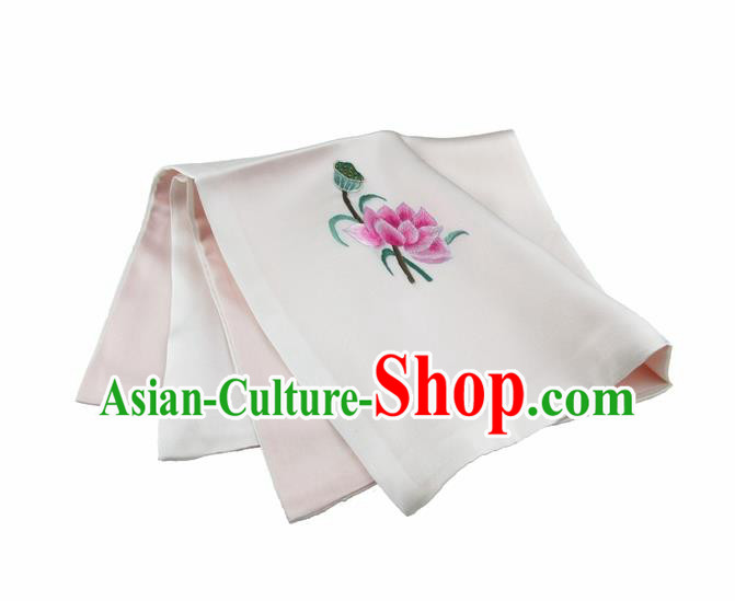 Chinese Traditional Handmade Embroidery Lotus White Silk Handkerchief Embroidered Hanky Suzhou Embroidery Noserag Craft