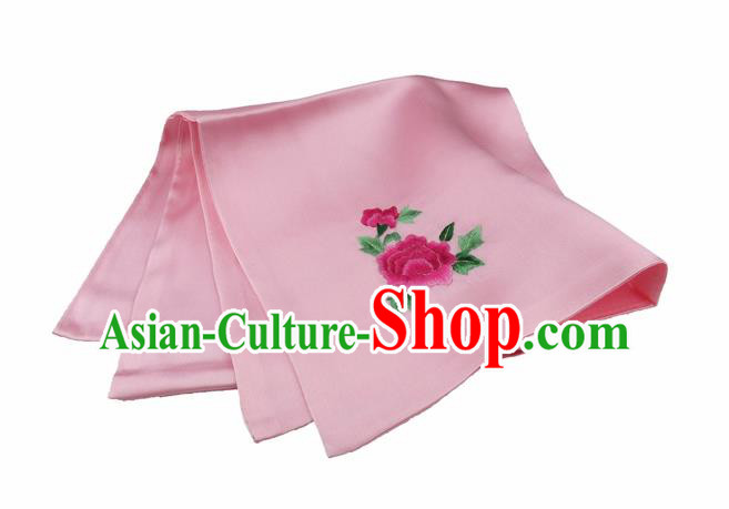 Chinese Traditional Handmade Embroidery Peony Pink Silk Handkerchief Embroidered Hanky Suzhou Embroidery Noserag Craft