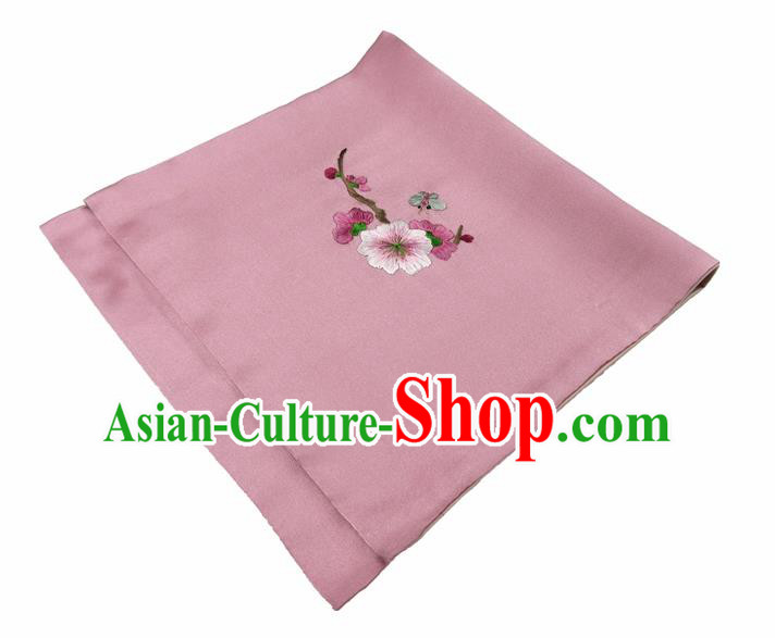 Chinese Traditional Handmade Embroidery Plum Blossom Deep Pink Silk Handkerchief Embroidered Hanky Suzhou Embroidery Noserag Craft