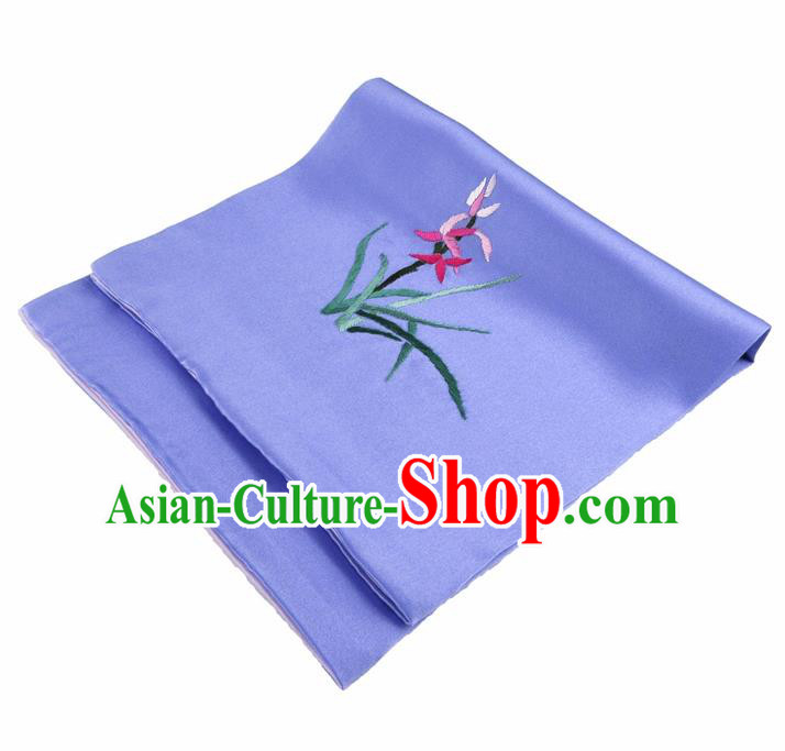 Chinese Traditional Handmade Embroidery Orchid Lilac Silk Handkerchief Embroidered Hanky Suzhou Embroidery Noserag Craft