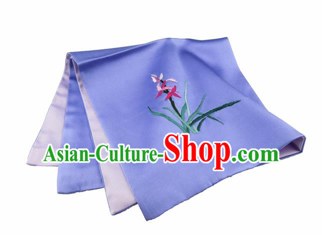 Chinese Traditional Handmade Embroidery Orchid Lilac Silk Handkerchief Embroidered Hanky Suzhou Embroidery Noserag Craft