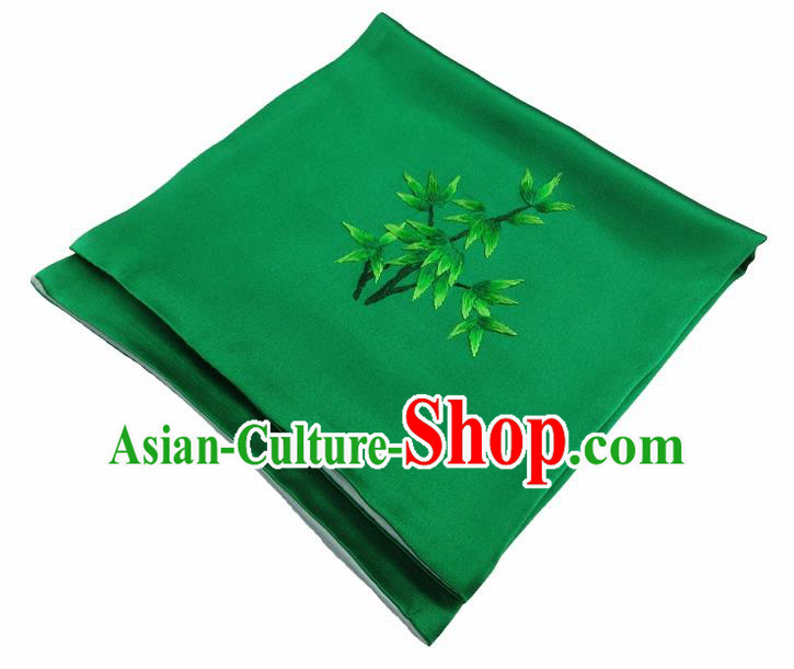 Chinese Traditional Handmade Embroidery Bamboo Green Silk Handkerchief Embroidered Hanky Suzhou Embroidery Noserag Craft