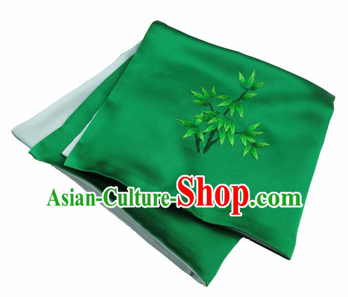 Chinese Traditional Handmade Embroidery Bamboo Green Silk Handkerchief Embroidered Hanky Suzhou Embroidery Noserag Craft