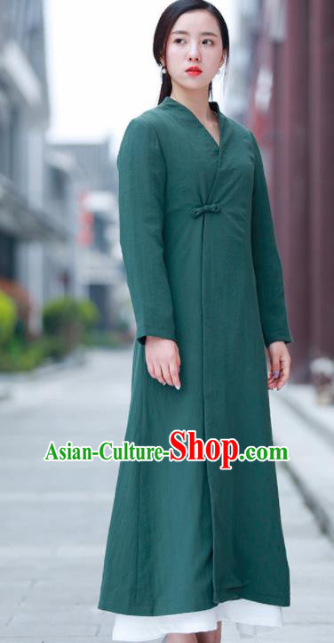 Chinese Traditional Tang Suit Green Flax Dust Coat Classical Overcoat Costume for Women