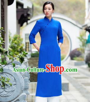 Chinese Traditional Tang Suit Royalblue Qipao Dress Martial Arts Kung Fu Tai Chi Costume for Women