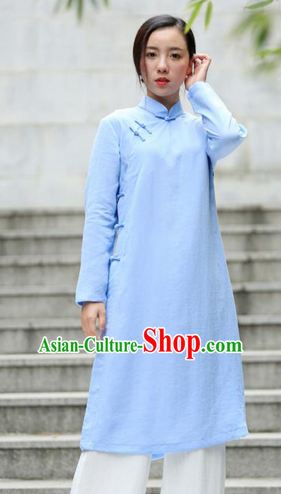 Chinese Traditional Tang Suit Blue Flax Qipao Blouse Classical Overcoat Costume for Women