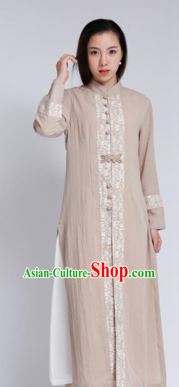 Chinese Traditional Tang Suit Khaki Flax Cardigan Classical Overcoat Costume for Women