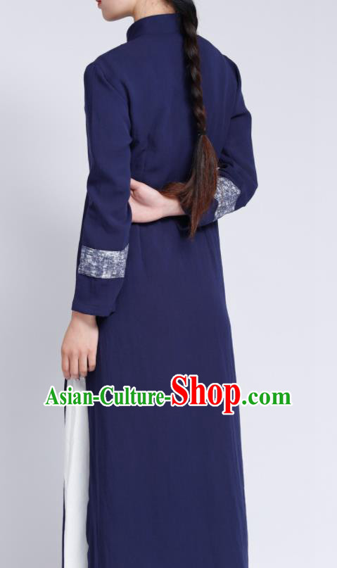 Chinese Traditional Tang Suit Navy Flax Cardigan Classical Overcoat Costume for Women