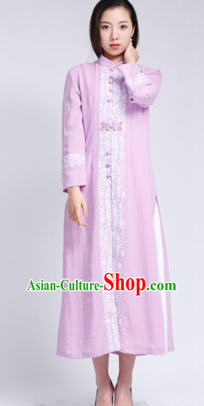 Chinese Traditional Tang Suit Lilac Flax Cardigan Classical Overcoat Costume for Women
