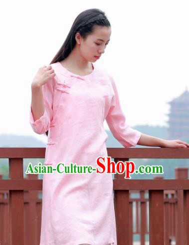 Chinese Traditional Tang Suit Pink Flax Blouse Classical Dress Costume for Women
