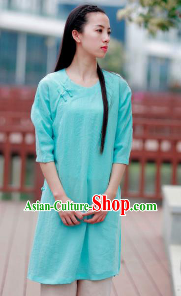 Chinese Traditional Tang Suit Green Flax Blouse Classical Dress Costume for Women