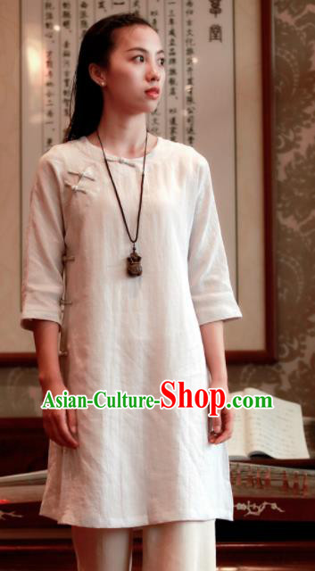 Chinese Traditional Tang Suit White Flax Blouse Classical Dress Costume for Women