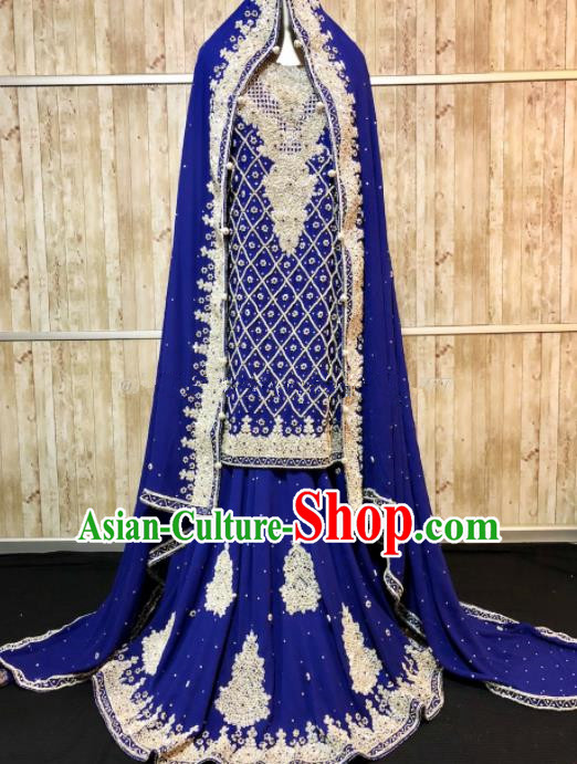 South Asia  Indian Queen Embroidered Royalblue Dress Traditional   India Court Hui Nationality Wedding Costumes for Women
