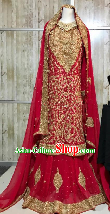 South Asia  Indian Bride Red Veil Embroidered Dress Traditional   India Hui Nationality Wedding Costumes for Women